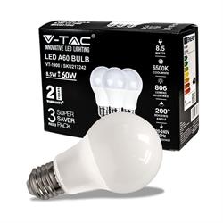 LAMPADINA LED GOCCIA 8,5W E27 A60 6400K 3PZ PACK